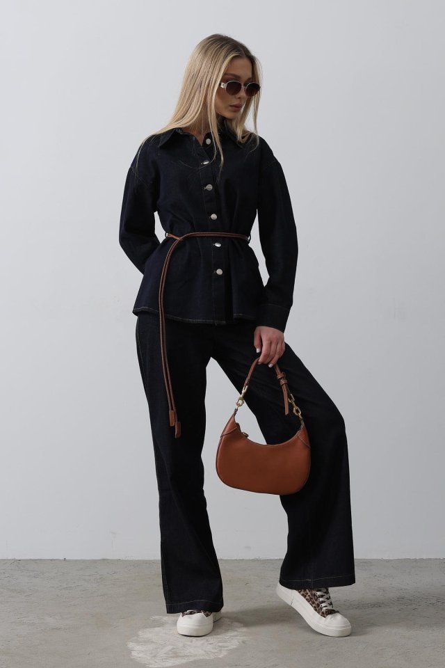 Kemerli Denim Takım - Mavi