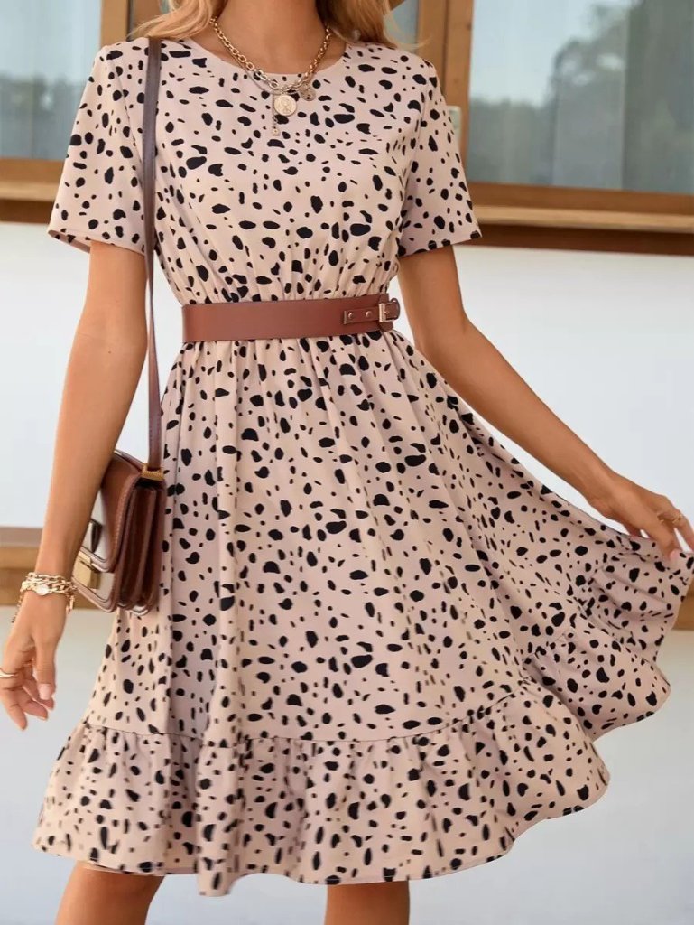 Kadın Kısa Kollu Bisiklet Yaka Desenli Süprem Elbise