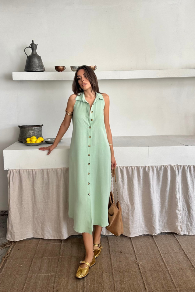 KETEN ÖNDEN DÜĞMELİ KOLSUZ GÖMLEK YAKA ELBİSE - Mint