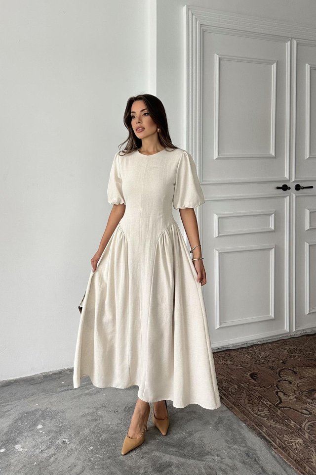 Bej Arkadan Bağlamalı Büzgülü Keten Elbise