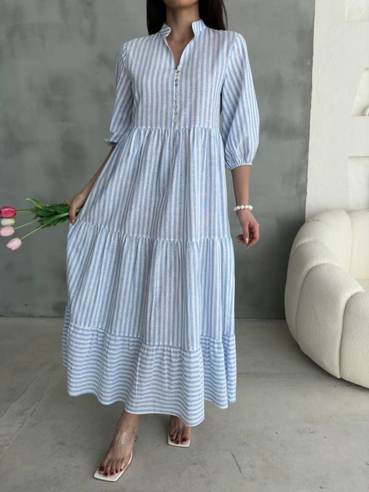 ÇİZGİLİ KETEN HAKİM YAKA DÜĞMELİ SALAŞ ELBİSE - Mavi