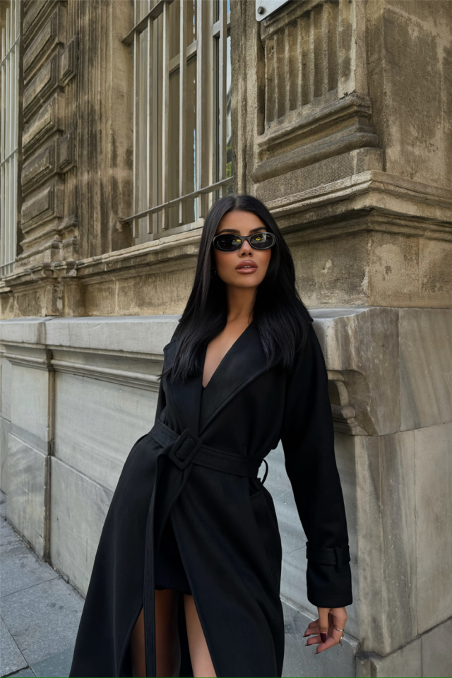 SÜET UZUN KABAN - Siyah