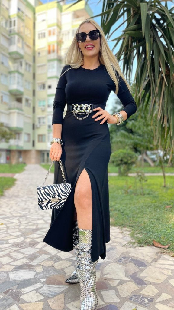 Kadın Uzun Kollu Bisiklet Yaka Yırtmaçlı Kemerli Uzun çilek Elbise