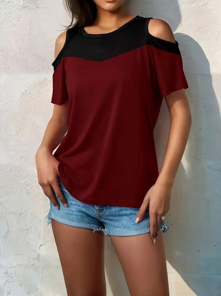 Kadın Kısa Kollu Omuzlardan Açık Detaylı çift Renkli Viskon Bluz