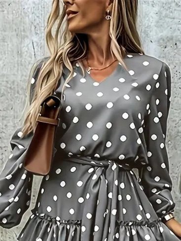 Kadın Uzun Kollu V Yakalı Belden Kuşaklı Puantiyeli Mini Modal Elbise
