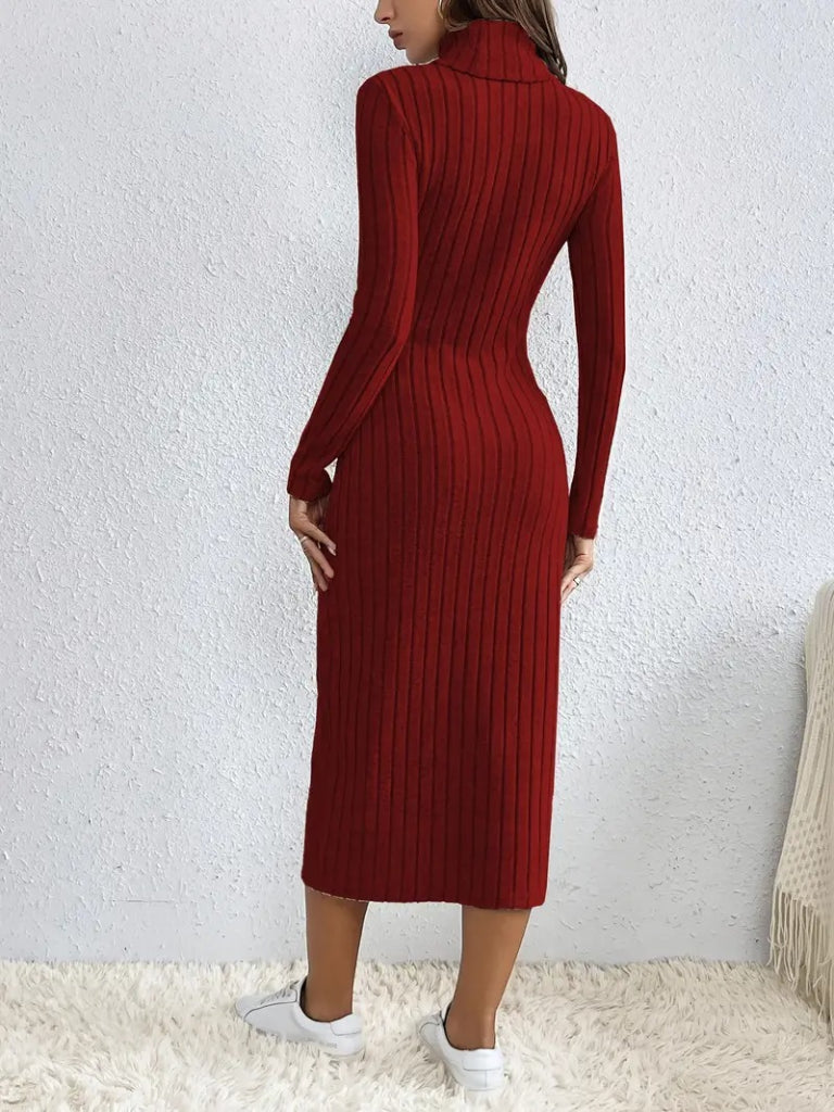 Kadın Uzun Kollu Balıkçı Yaka Yırtmaçlı Düğmeli şardonlu Kaşkorse Elbise(kemersiz)