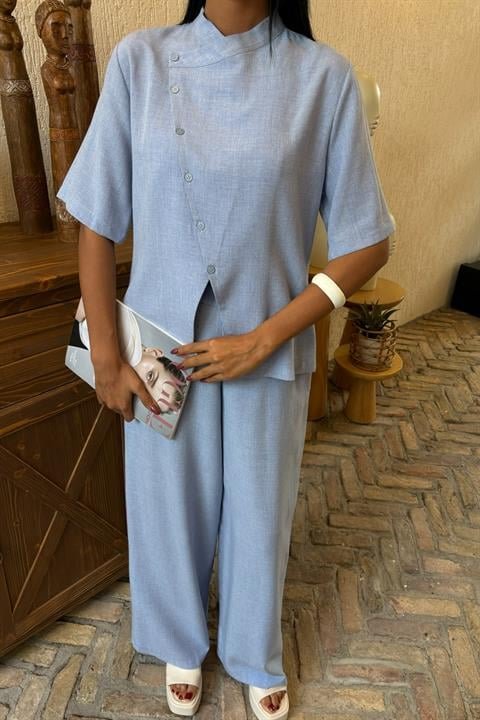 Hakim Yaka Çapraz Düğmeli Plazzo Pantolon Viscon Keten Takım 10091