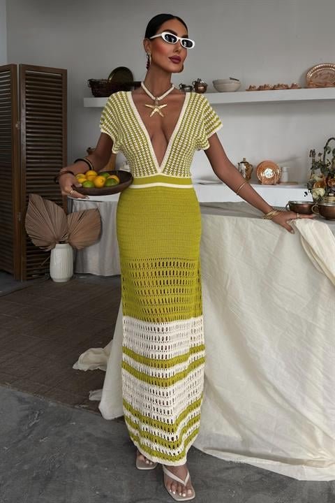 Omuzu Çizgili Ajurlu Triko Elbise 2868