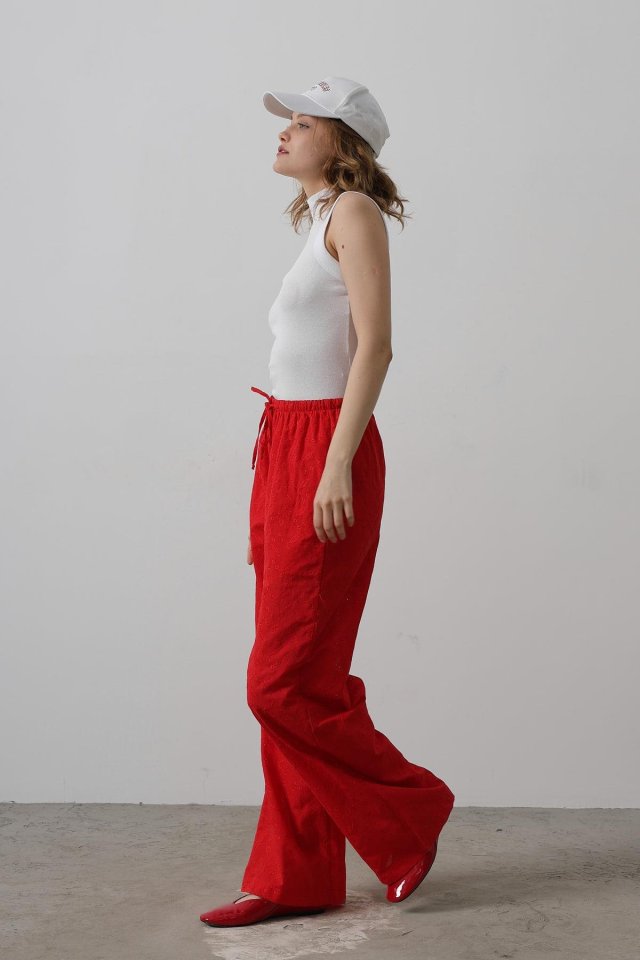 Beli Bağlamalı Brode Pantolon - Kırmızı