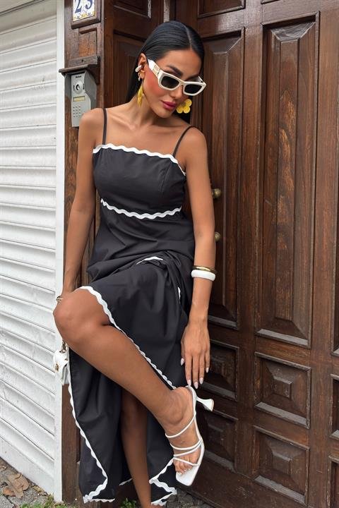 Dalgalı Şerit Detay Askılı Poplin Elbise 2876