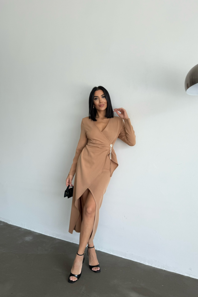 KRUVAZE BROŞ DETAYLI ELBİSE - Bej