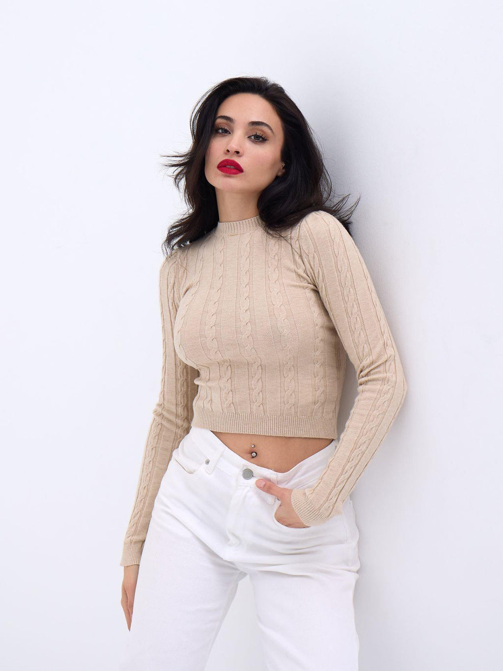 42491 TRİKO SAÇ ÖRGÜ CROP KAZAK-VİZON