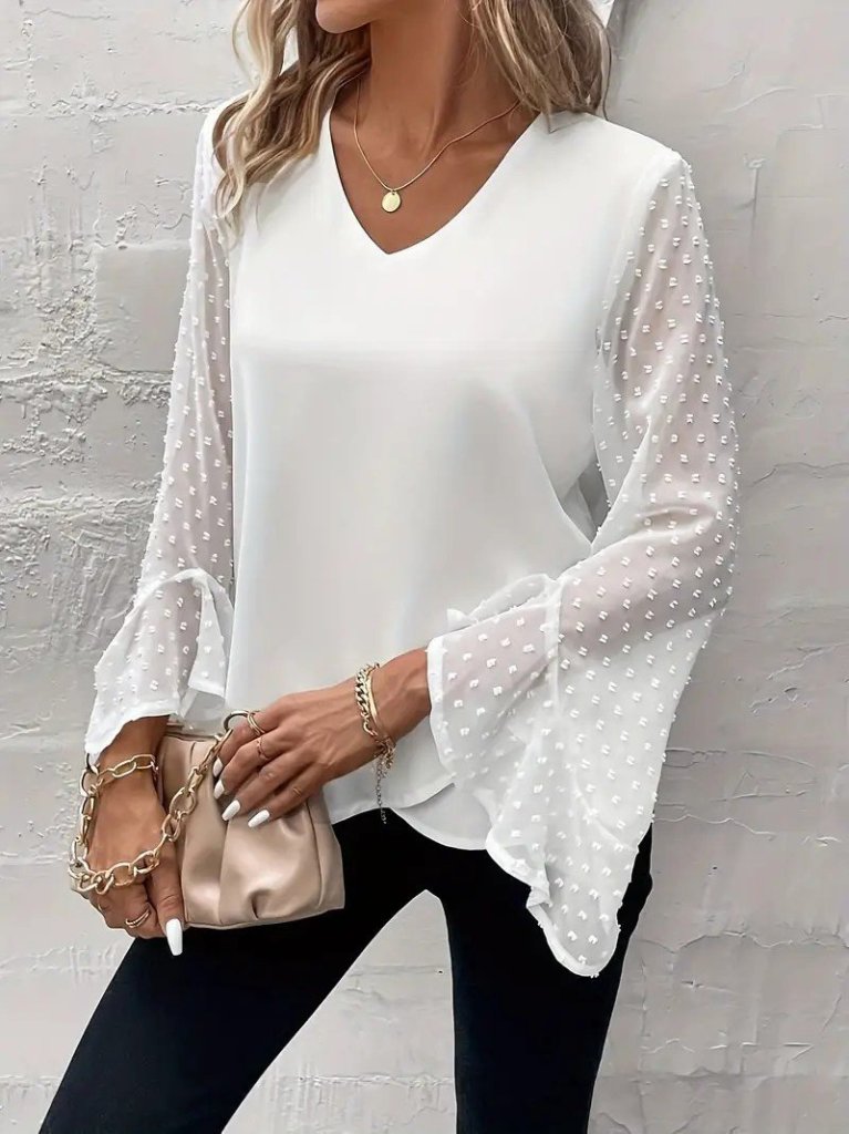Kadın Uzun Kollu V Yakalı Kolları Ispanyol Detayı Sandy Bluz
