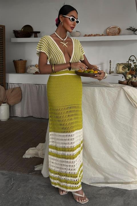 Omuzu Çizgili Ajurlu Triko Elbise 2868