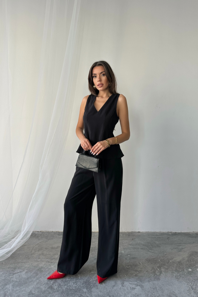 V YAKA KOLSUZ BLUZ - PANTOLON TAKIM MODAL KUMAŞ - Siyah