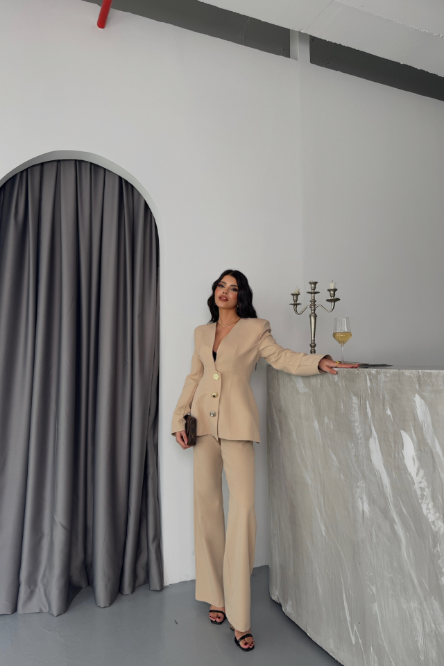 TASARIM CEKET-PANTOLON TAKIM METAL DÜĞME DETAYLI - Bej