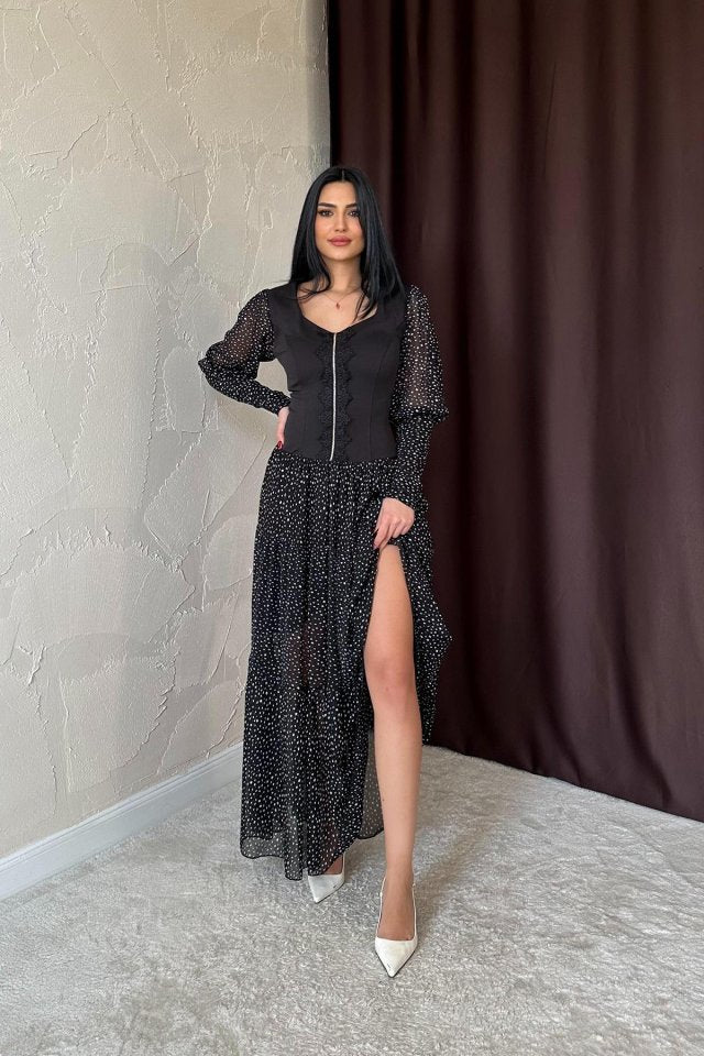 Siyah Dantelli Taşlı Şeritli Elbise