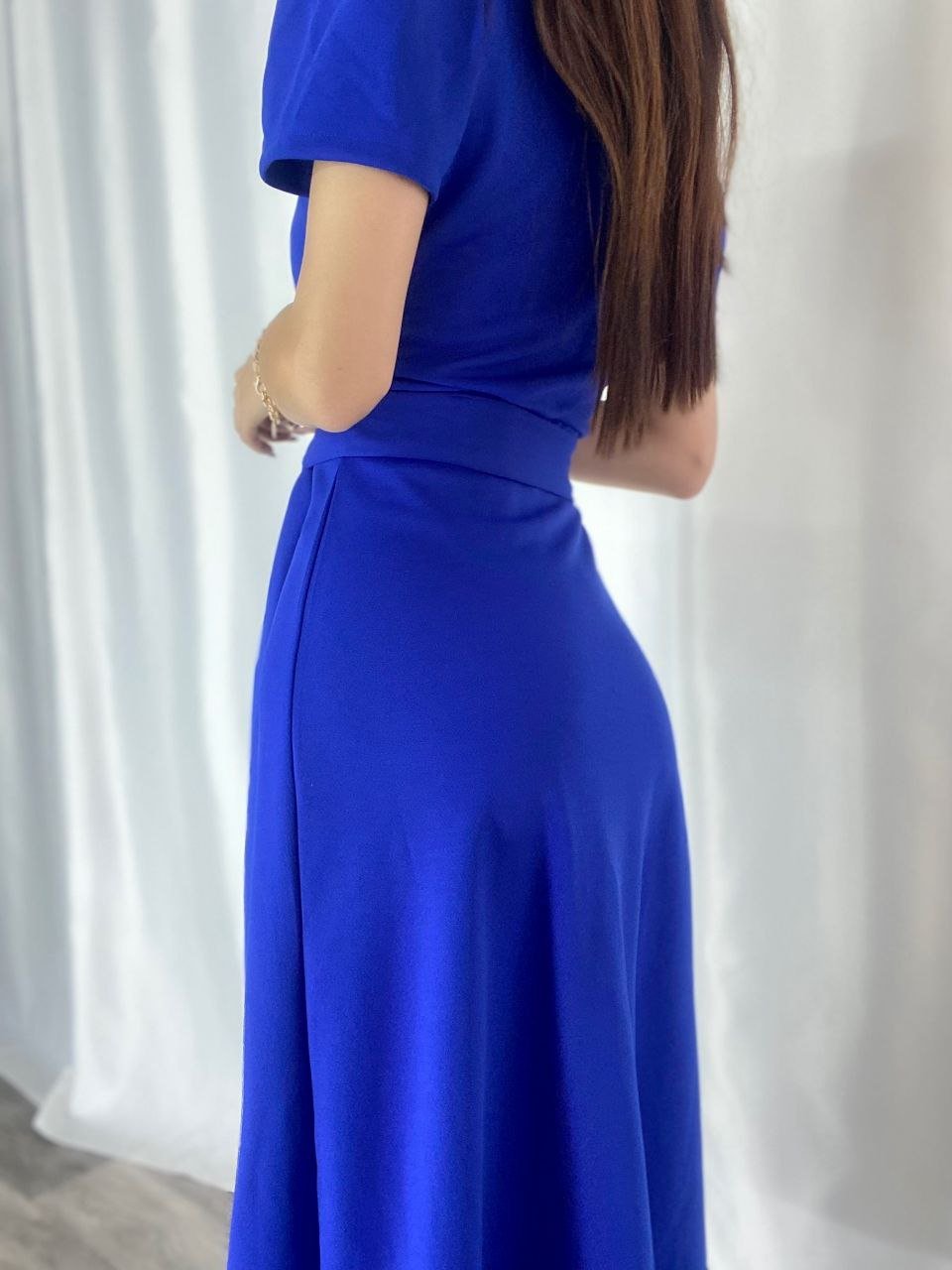 Kruvaze Yaka Kuşaklı Midi Krep Elbise Saks Mavisi