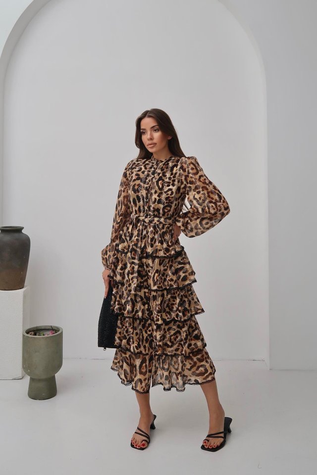 Leopar Volanlı Şeritli Uzun Elbise