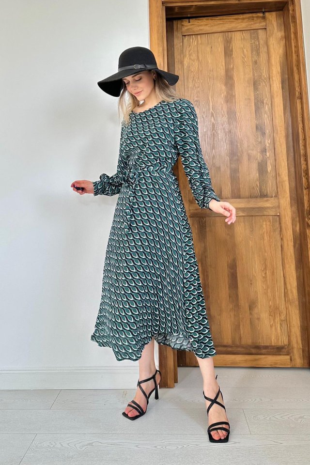 Yeşil Dökümlü Desenli Elbise