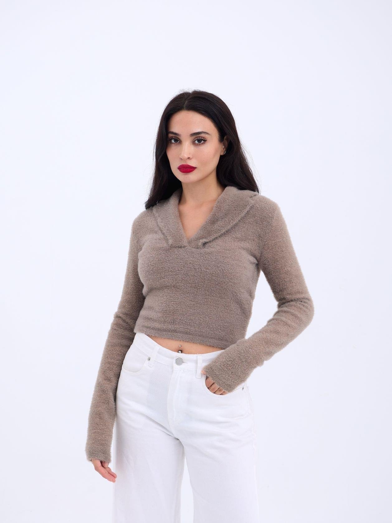 42531 TRİKO SİMLİ YAKALI CROP-KAHVE