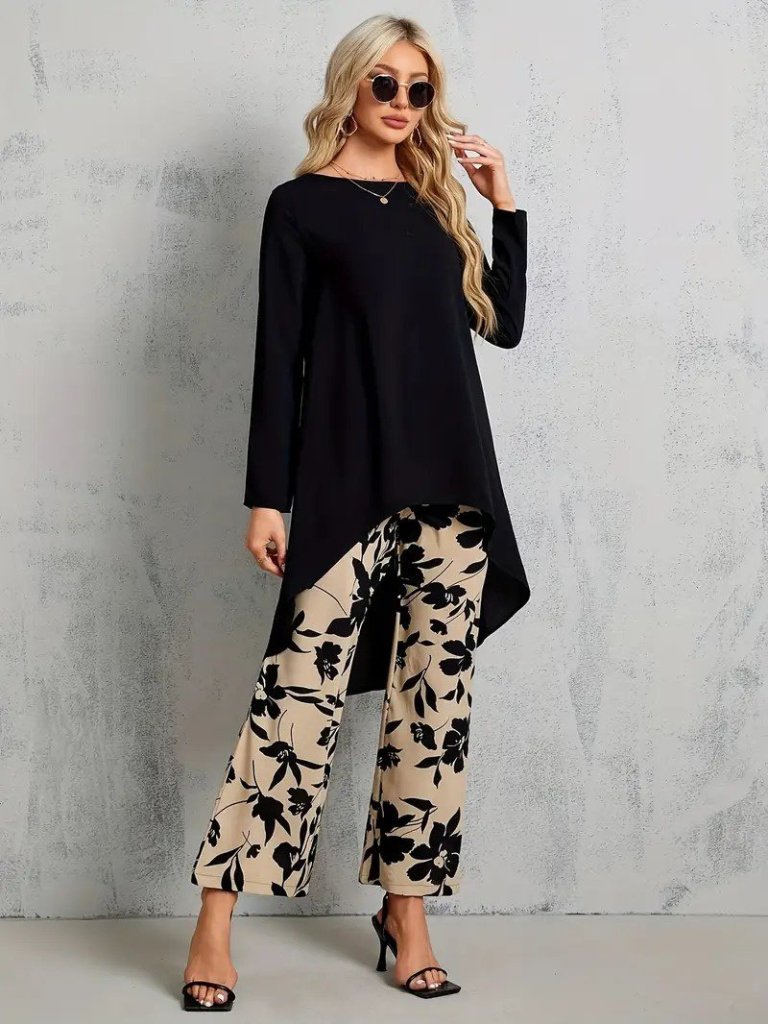 Kadın Uzun Kollu Bisiklet Yaka Asimetrik Kesim Detaylı Viskon Bluz Ve çiçek Desenli Iki Iplik Pantolon