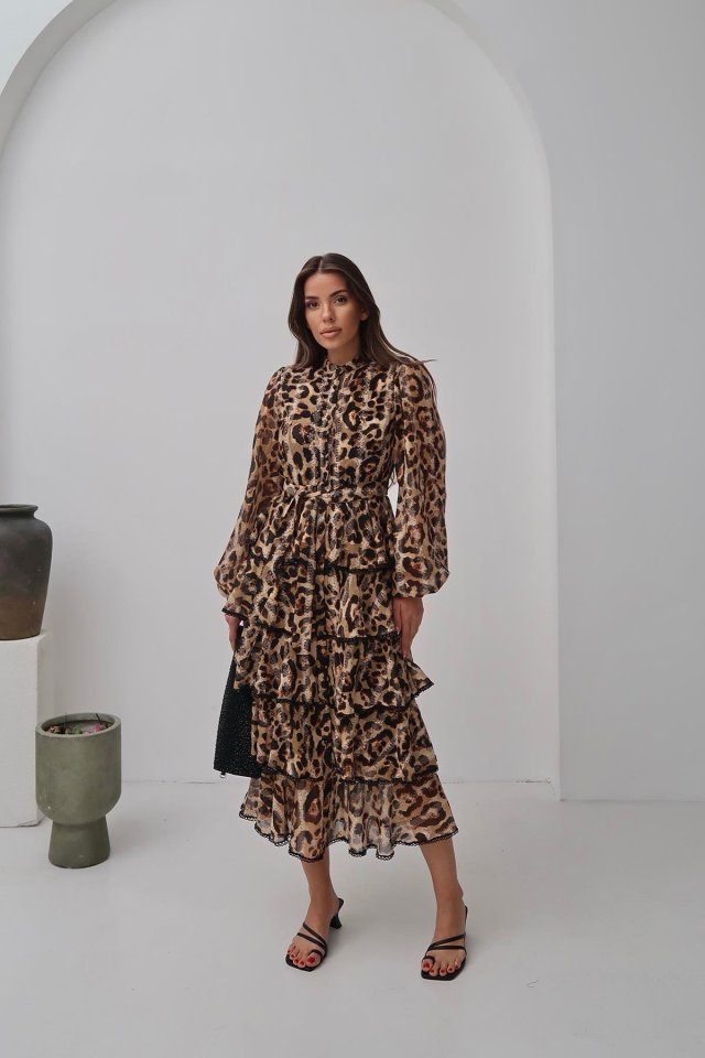 Leopar Volanlı Şeritli Uzun Elbise