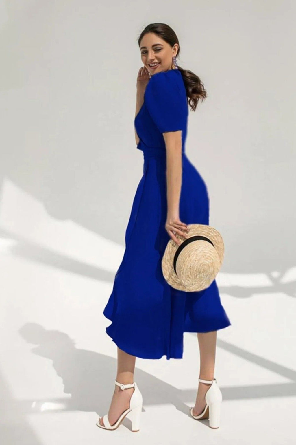 Kruvaze Yaka Kuşaklı Midi Krep Elbise Saks Mavisi