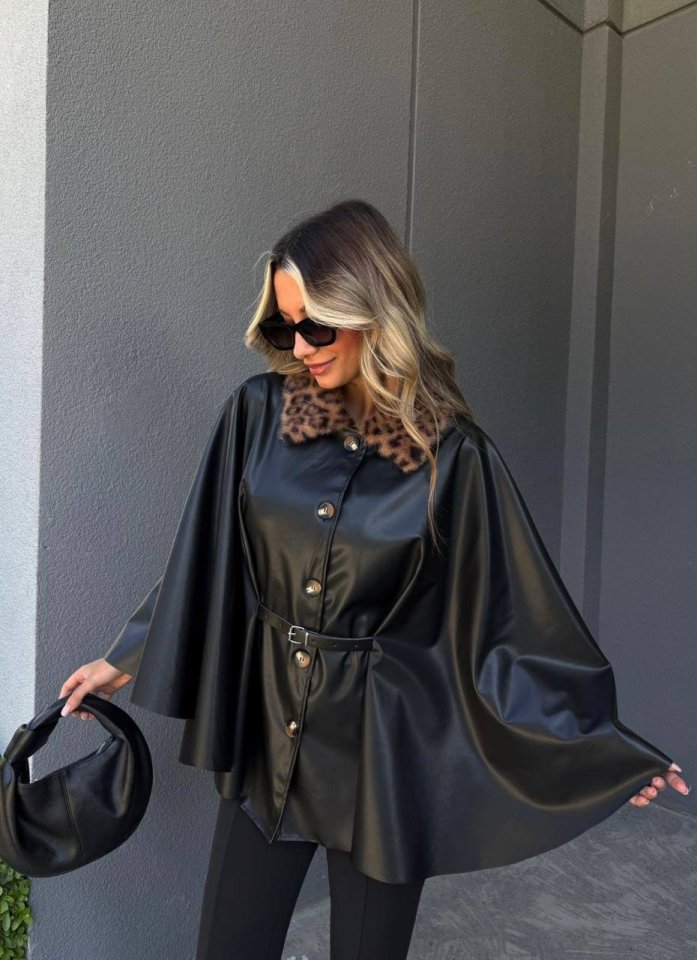 Kadın Uzun Kollu Leopar Yaka Detay Kuşak Dahil Deri Panço