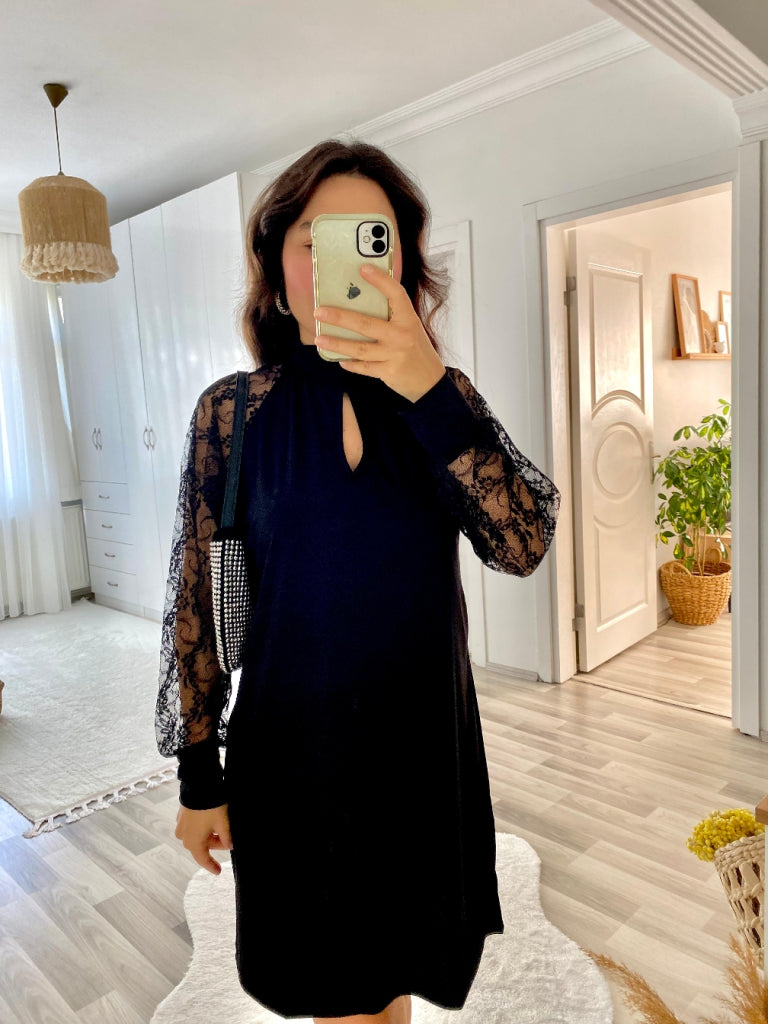 Kadın Uzun Kollu Damla Detaylı Sandy Mini Elbise