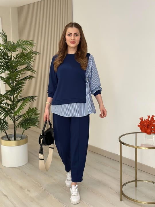 Kadın Gömlek Detay çizgili Yandan Bağlamalı Ikili Takım