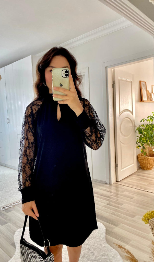 Kadın Uzun Kollu Damla Detaylı Sandy Mini Elbise