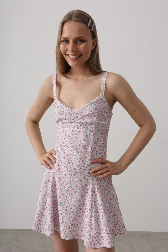 Çiçek Desenli Askılı Elbise - Pembe