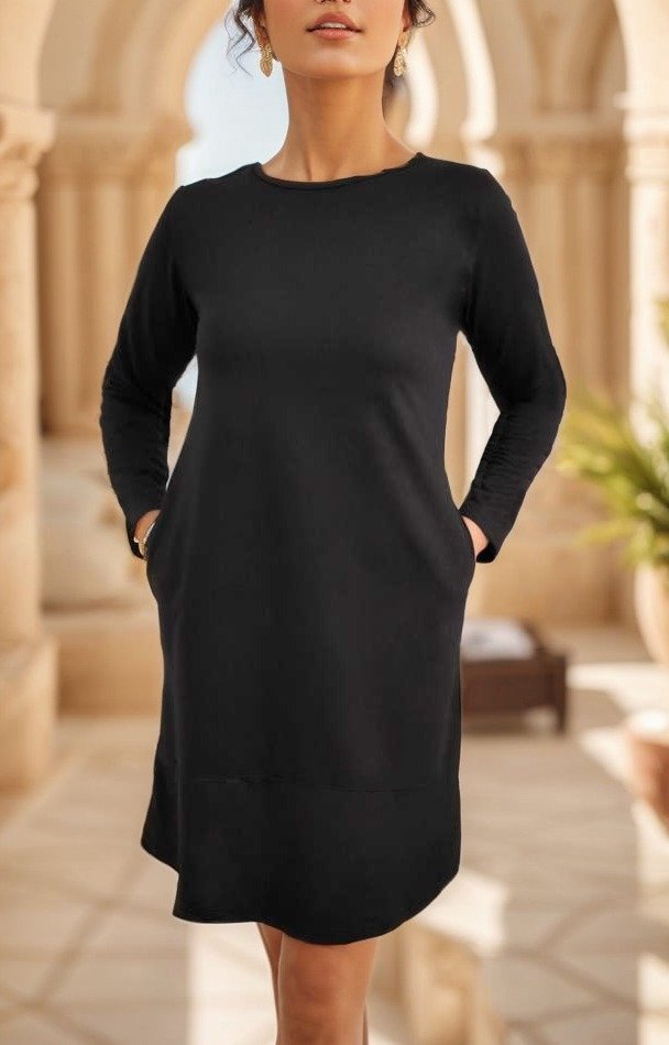 Kadın Uzun Kollu Bisiklet Yaka Cep Detay Etek Ucu Volanlı Iki Iplik Elbise