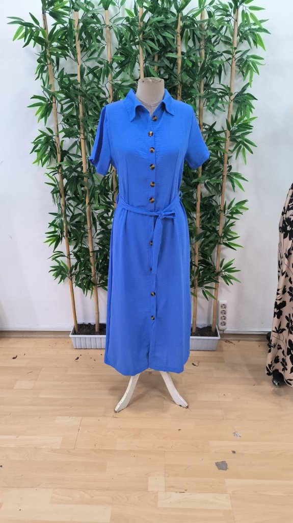 Kadın Kısa Kollu Yakalı önden Düğmeli Beli Kuşaklı Ithal Keten Elbise