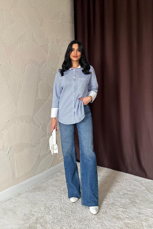 Mavi Çizgili Poplin Uzun Kol Gömlek