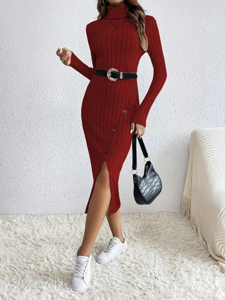 Kadın Uzun Kollu Balıkçı Yaka Yırtmaçlı Düğmeli şardonlu Kaşkorse Elbise(kemersiz)