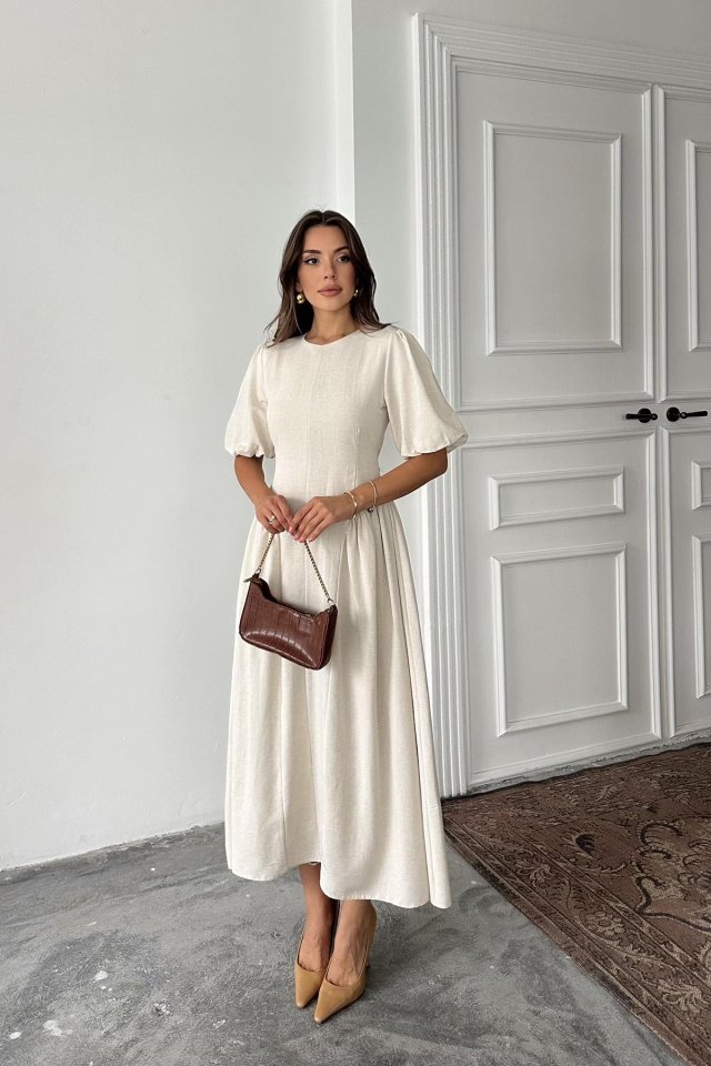 Bej Arkadan Bağlamalı Büzgülü Keten Elbise