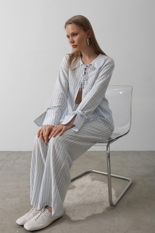 Çzgili Bağlamalı Pantolon Takım - Mavi