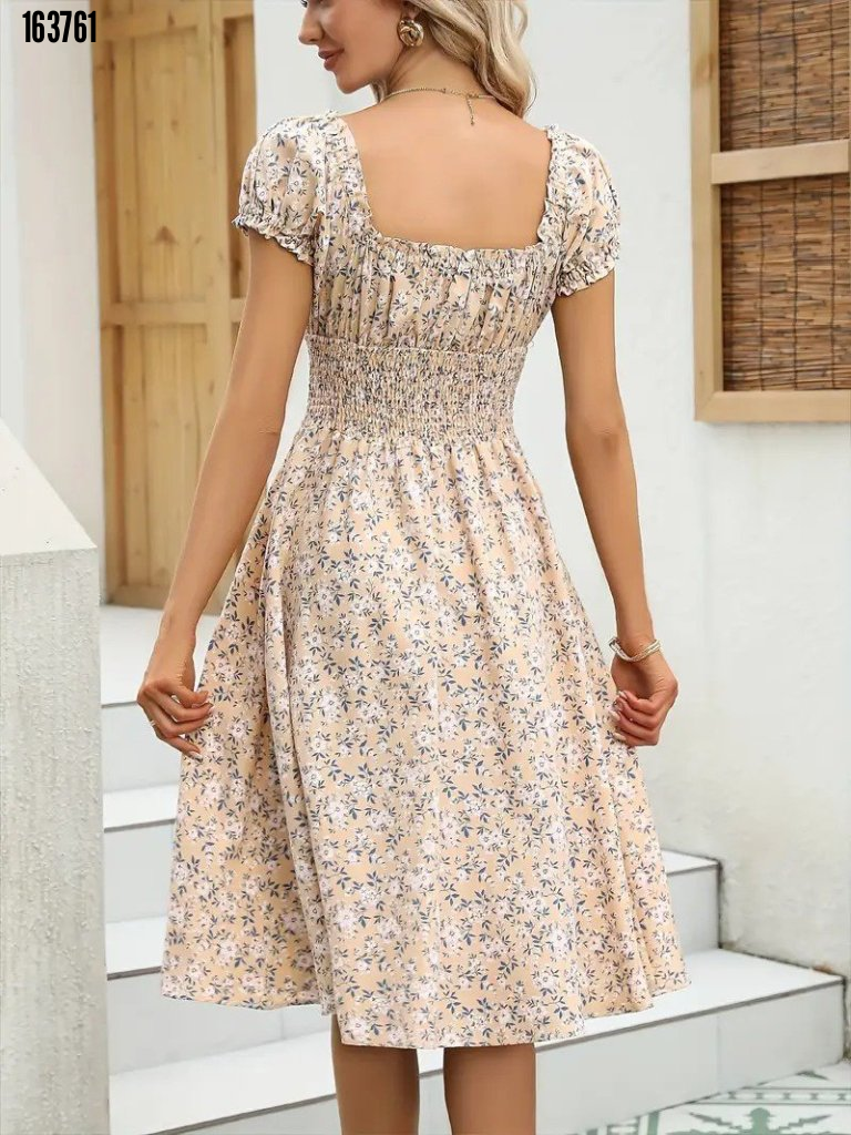 Kadın Kısa Kollu Kruvaze Yaka Lastikli Belden Gipeli çiçek Desenli Suprem Elbise