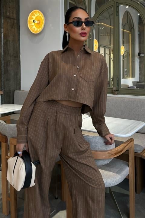 Crop Gömlekli Çizgili Takım 10080