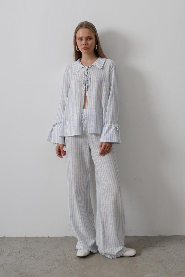 Çzgili Bağlamalı Pantolon Takım - Mavi