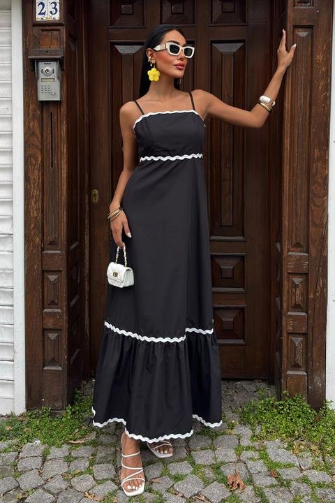 Dalgalı Şerit Detay Askılı Poplin Elbise 2876