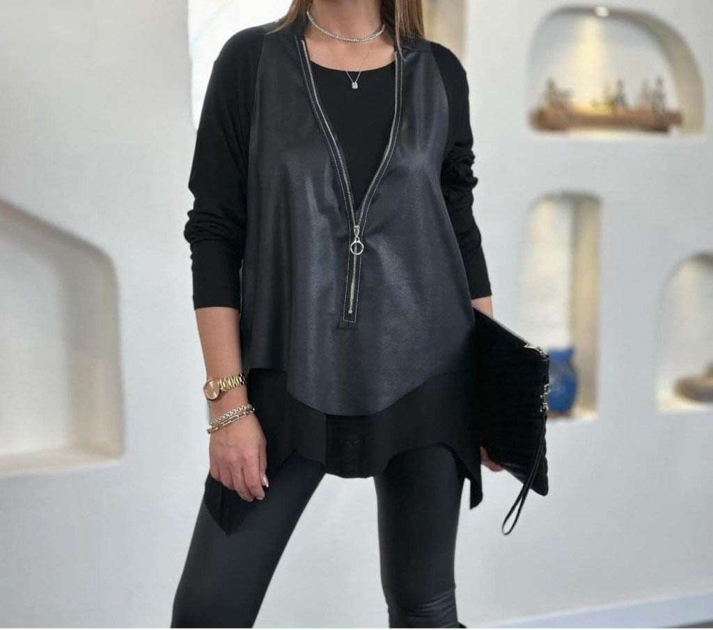 Kadın Uzun Kollu Asimetrik Kesim Viskon Bluz Ve çatlak Deri Görünümlü Yelek Ikili Takım