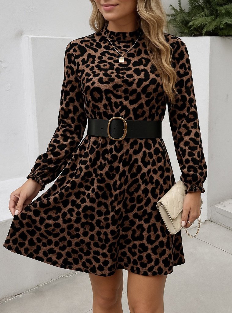 Kadın Uzun Kollu Yarı Balıkçı Yaka Leopar Desenli Kadife Elbise