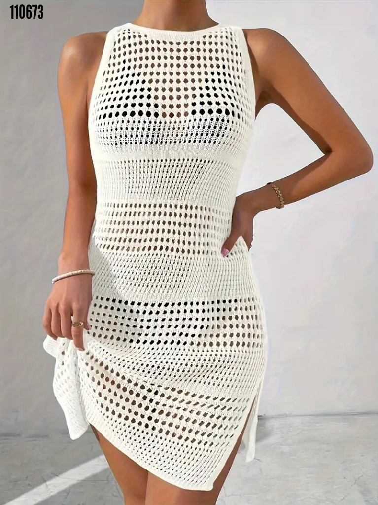 Kadın Kolsuz Derin Sırt Dekolteli Ajurlu Triko Pareo