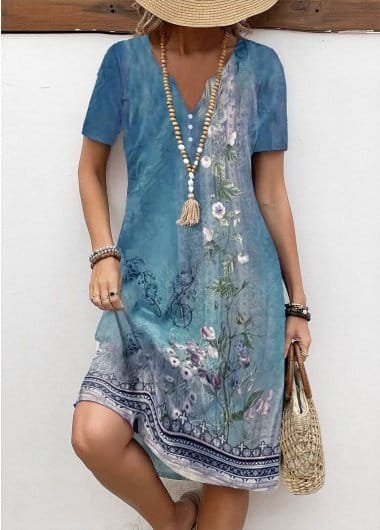 Kadın Kısa Kollu V Yakalı Desenli Süprem Elbise