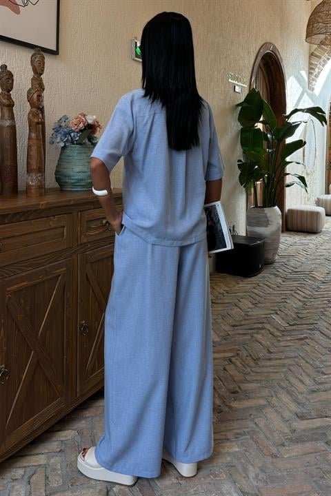 Hakim Yaka Çapraz Düğmeli Plazzo Pantolon Viscon Keten Takım 10091