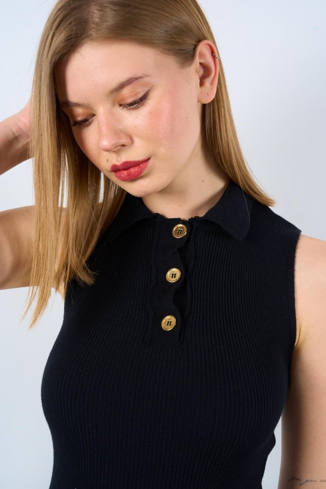 Patlı Düğmeli Triko Atlet - Siyah