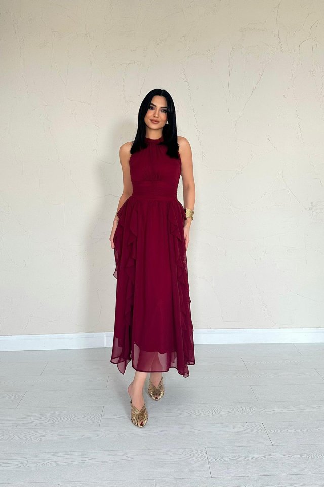 Bordo Önü Büzgülü Fırfırlı Elbise